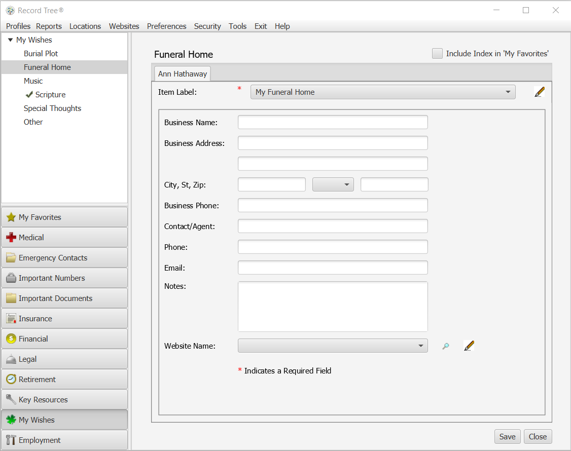 Last Wishes – Funeral Arrangements – Record Tree® Software